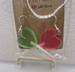 Handmade Green & Pink Heart Lollipop Earrings